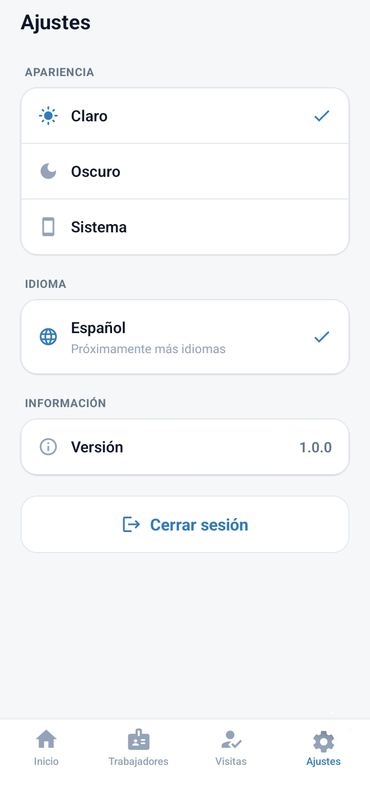 Pantalla de ajustes de Kaitoo Mobile con modo claro, oscuro y automático