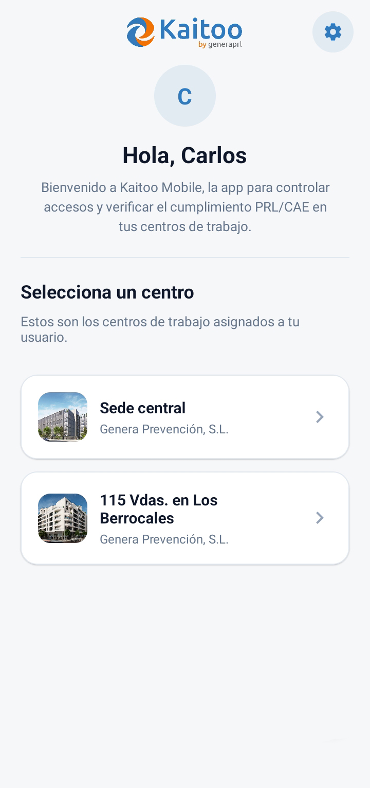 Selector de centros de trabajo asignados en Kaitoo Mobile