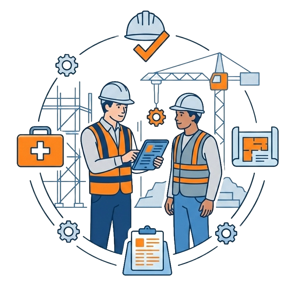 Técnico de PRL gestionando documentación CAE con Kaitoo desde una tablet en obra: revisión de contratas, validación de accesos y alertas de caducidad en tiempo real